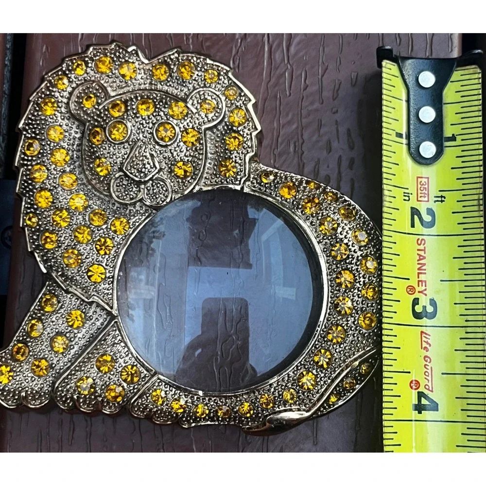 TWA Vintage Gold Tone Rhinestone Lion Picture Frame Amber Jeweled Small 4 Inch